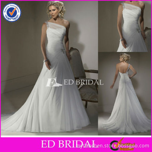 XL120 One Shoulder Floor Length Pleats Low Back White Elegant Chiffon Fabric Wedding Dress